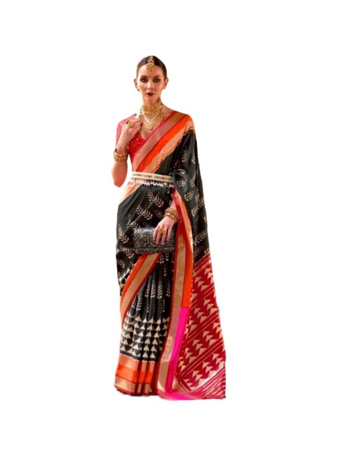 Grab Mantra Black Patola Print Saree With Red And Orange Border Design Plus Contrast Unstitched Blouse.  - Image 1