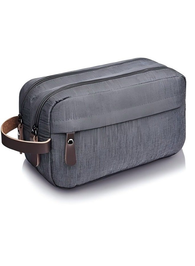 Men's Large Capacity Travel Toiletry Bag - Waterproof Portable Cosmetic Storage Bag - Shampoo And Shower Gel Canvas Storage Bag - With Leather Handle (Gray) - Image 1