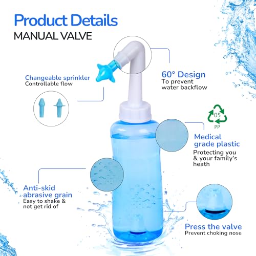 LOOPITO 500ml Manual Jal Neti Pot for Yoga - Nose Wash Cleaner With Sinus Nasal Pressure - Nasal Rinse Bottle- Sinus Rinse Nasal Irrigation for Adults and Children (Manual Valve, 500ml) - Image 4