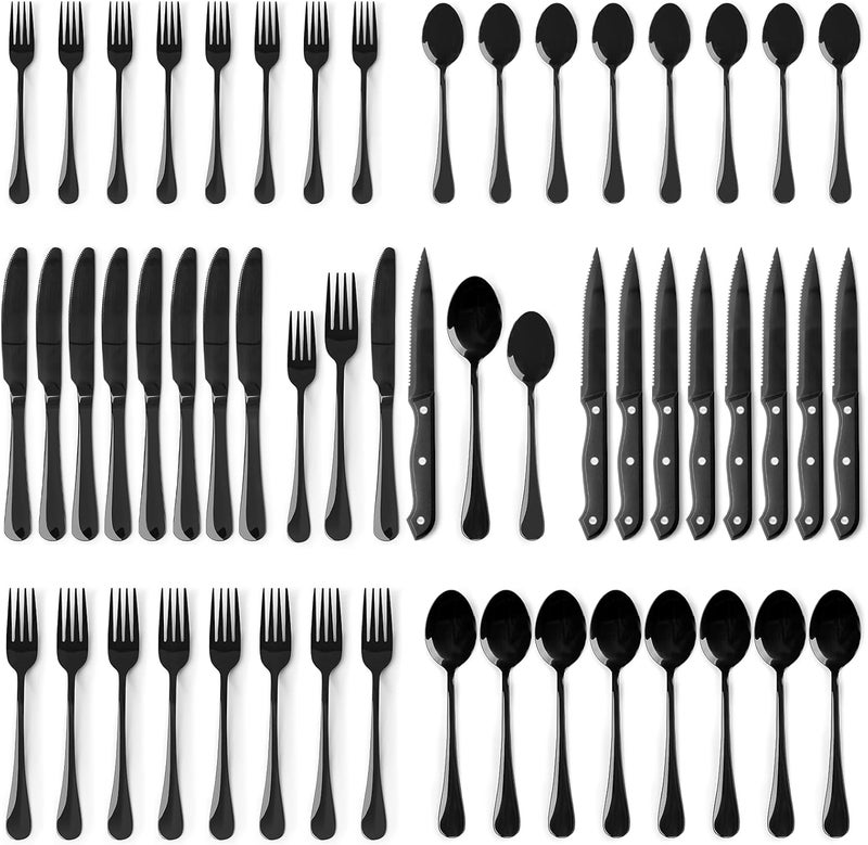 Astercook Silverware Set 48-Piece Black Flatware Set with Steak Knives Food-Grade Stainless Steel Cutlery Set for 8 Mirror Polished Utensils Set Include Spoons and Forks for Home Kitchen Restaurant - Image 1
