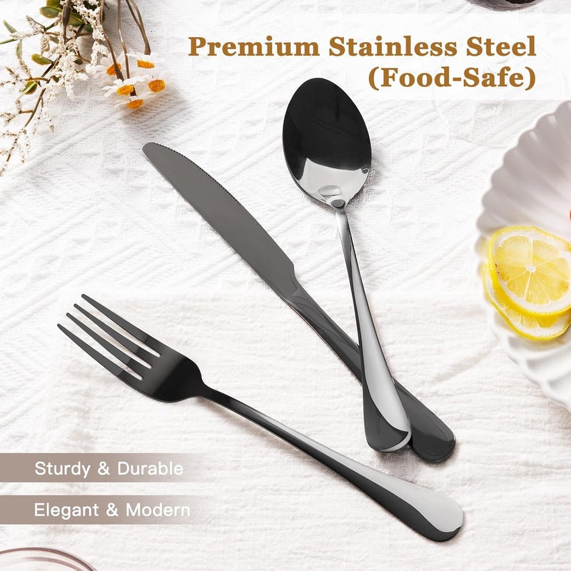 Astercook Silverware Set 48-Piece Black Flatware Set with Steak Knives Food-Grade Stainless Steel Cutlery Set for 8 Mirror Polished Utensils Set Include Spoons and Forks for Home Kitchen Restaurant - Image 2