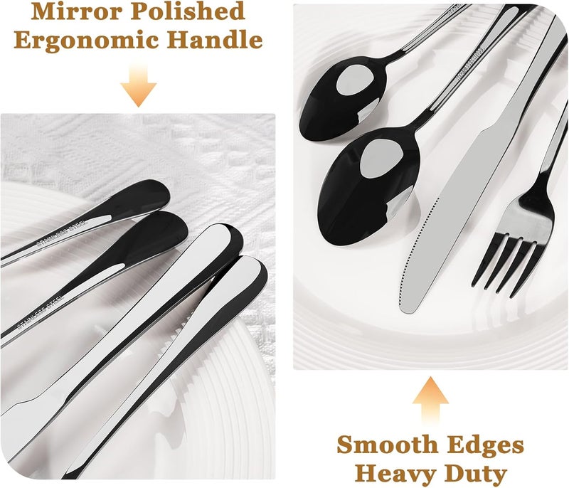 Astercook Silverware Set 48-Piece Black Flatware Set with Steak Knives Food-Grade Stainless Steel Cutlery Set for 8 Mirror Polished Utensils Set Include Spoons and Forks for Home Kitchen Restaurant - Image 3