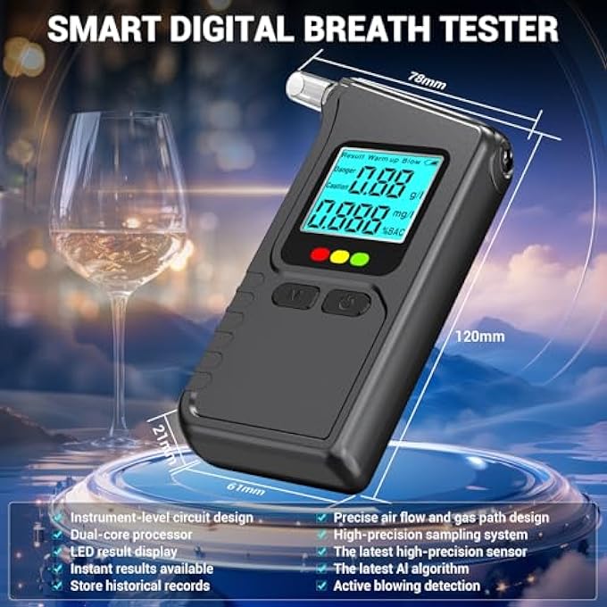 rayihni Alcohol Tester Professional Alcohol Meter Digital LCD Display Portable Alcohol Meter for Household / Private Parties with 10 Mouthpieces Carry Bag - Image 3