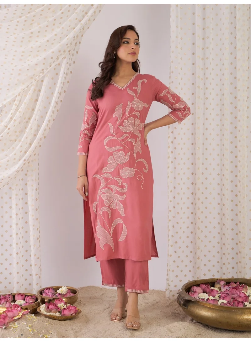 Ameya  Mauve-embroidered-straight-kurta-trousers-set for Women | Best Price UAE
