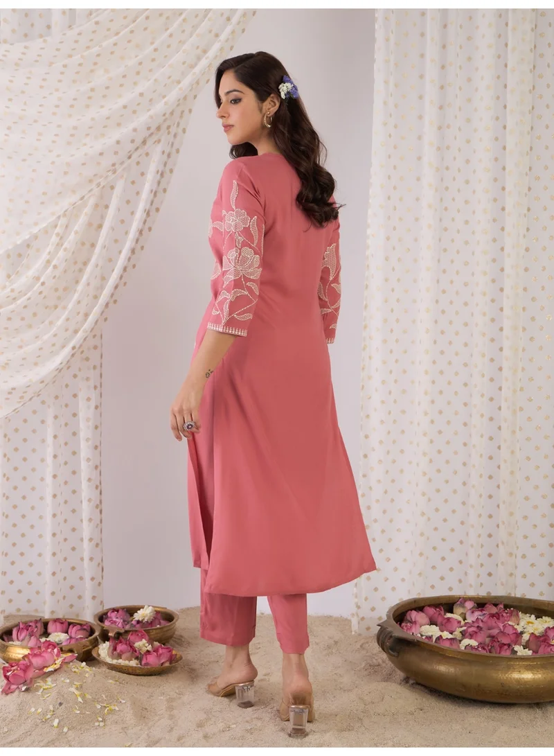 Ameya  Mauve-embroidered-straight-kurta-trousers-set for Women | Best Price UAE