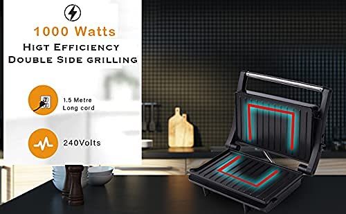 Concord Sandwich Maker, Griller, Toaster | 1000 Watts | 180° Opening | Oil Drip Tray | 1.5 Meter Long Cord | Black, Silver - Image 3