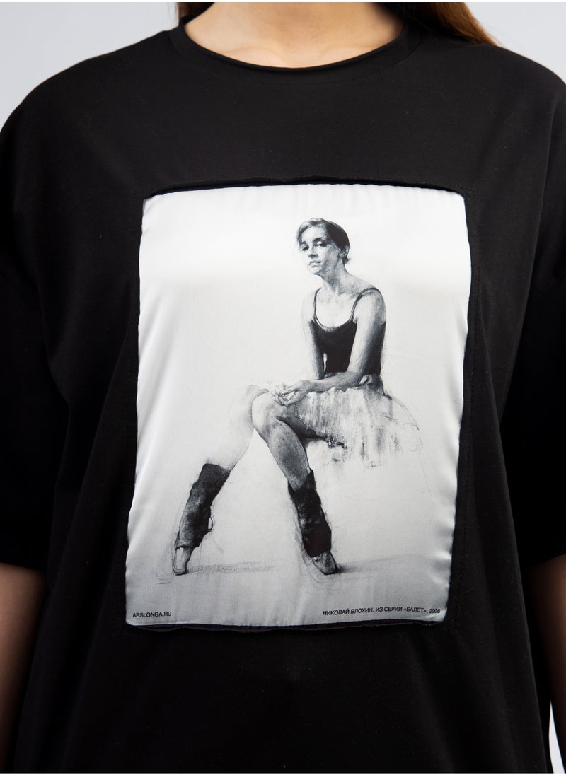Artograph Women oversize premium cotton black T-shirt with artist unique painting Ballet 2008  - Image 5