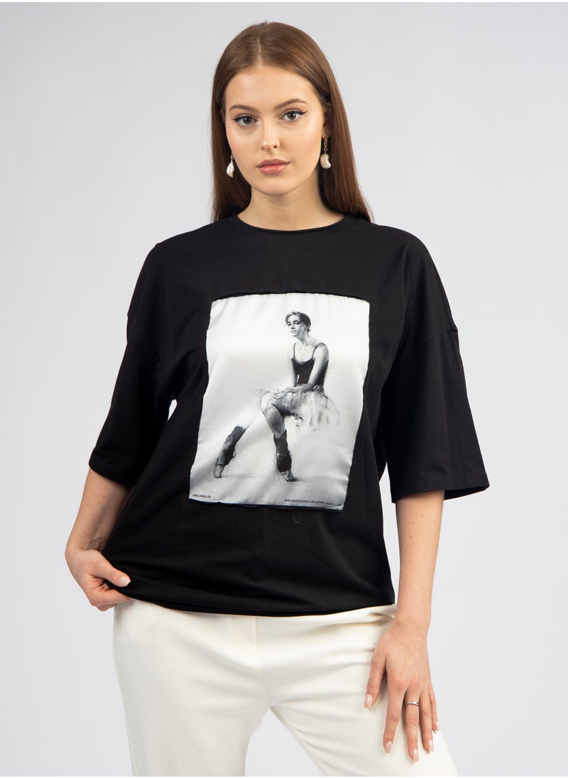 Artograph Women oversize premium cotton black T-shirt with artist unique painting Ballet 2008  - Image 3