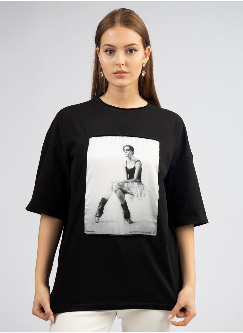 Artograph Women oversize premium cotton black T-shirt with artist unique painting Ballet 2008  - Image 1