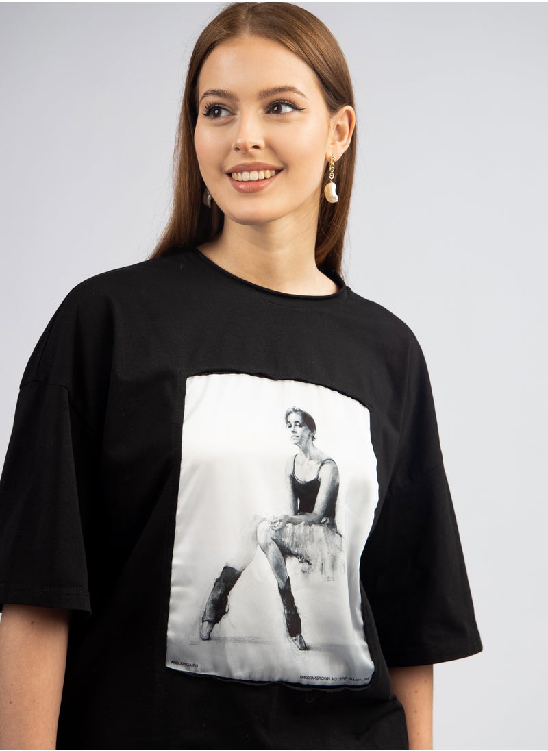 Artograph Women oversize premium cotton black T-shirt with artist unique painting Ballet 2008  - Image 4