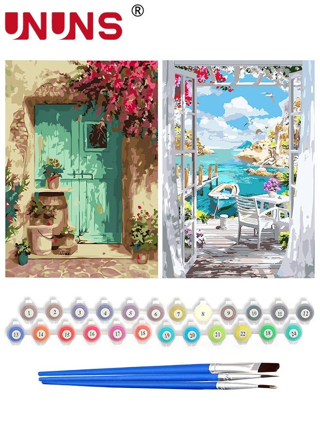 UNUNS طقمين للرسم بالأرقام، قماش مناظر طبيعية للمبتدئين، أطقم الرسم بالأرقام مع فرش وألوان أكريليك، 40x50 سم - Image 1