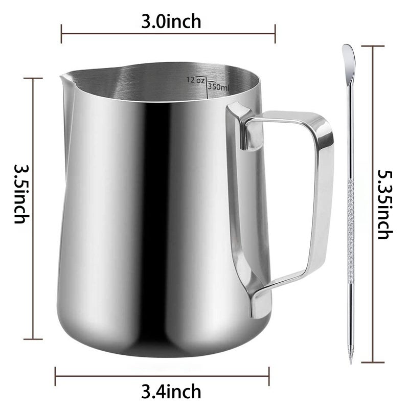 Newgf Milk Frothing Pitchers-12Oz/350Ml Stainless Steel Steaming Pitchers  Scale Coffee/Milk/Cappuccino/Latte Art Barista Steam Pitchers  Milk Jug Cup With Decorating Pen-Silver - Image 2