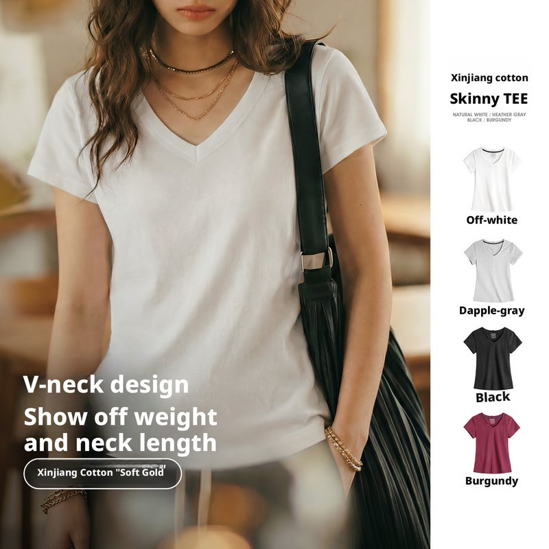 Women's Slim Fit V-Neck Short-Sleeve T-Shirt in Cotton-Tencel Blend - Image 1