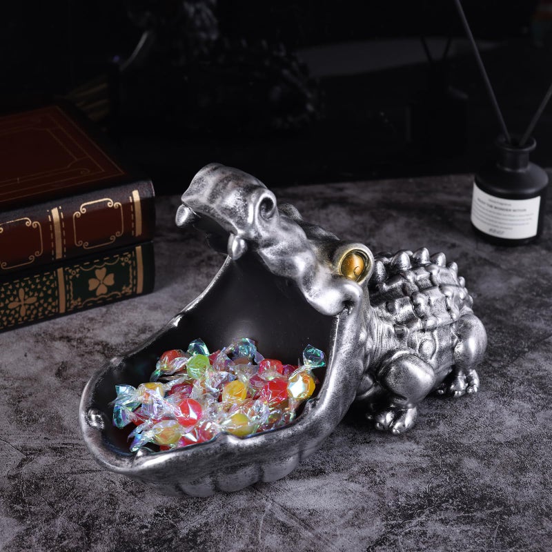 oliruim Alligator Statue Key Bowl, Fun Animal Statue Candy Dish for Entryway Decorative Bowl, Office Candy Dish, Big Mouth Sculpture Home Living Room Trinket Container Storage Box (Silver) - Image 2