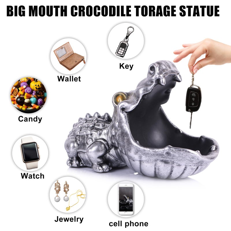 oliruim Alligator Statue Key Bowl, Fun Animal Statue Candy Dish for Entryway Decorative Bowl, Office Candy Dish, Big Mouth Sculpture Home Living Room Trinket Container Storage Box (Silver) - Image 5