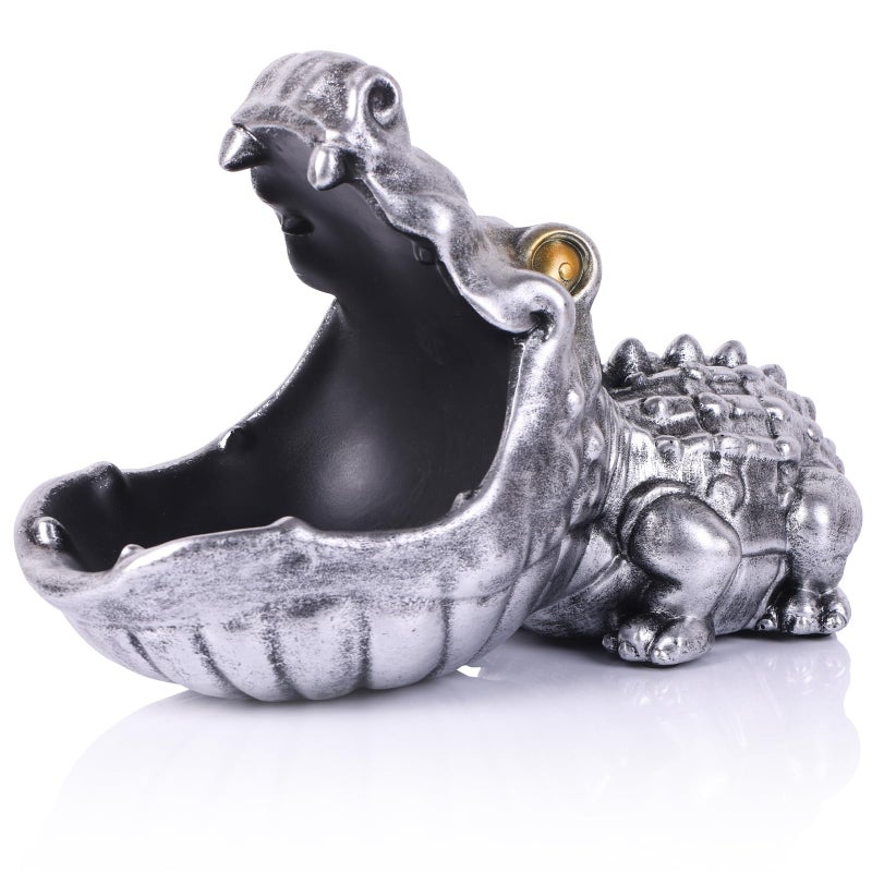 oliruim Alligator Statue Key Bowl, Fun Animal Statue Candy Dish for Entryway Decorative Bowl, Office Candy Dish, Big Mouth Sculpture Home Living Room Trinket Container Storage Box (Silver) - Image 1