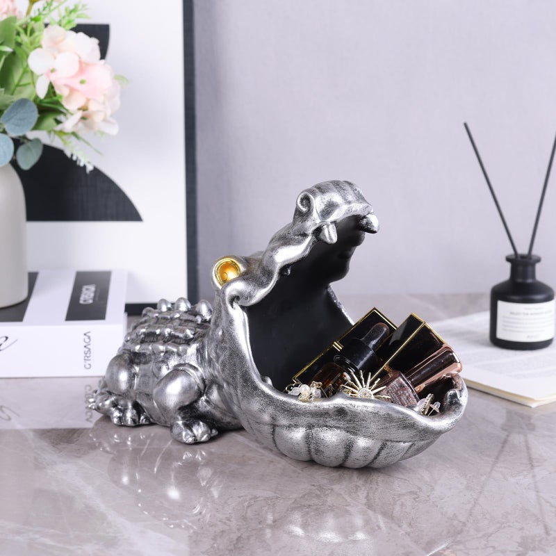 oliruim Alligator Statue Key Bowl, Fun Animal Statue Candy Dish for Entryway Decorative Bowl, Office Candy Dish, Big Mouth Sculpture Home Living Room Trinket Container Storage Box (Silver) - Image 3