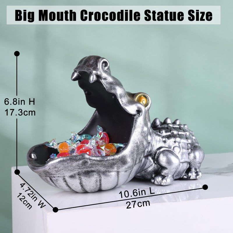 oliruim Alligator Statue Key Bowl, Fun Animal Statue Candy Dish for Entryway Decorative Bowl, Office Candy Dish, Big Mouth Sculpture Home Living Room Trinket Container Storage Box (Silver) - Image 4