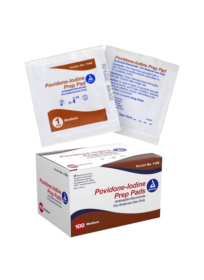 Dynarex Dynarex Povidone-Iodine Prep Pads, Saturated with Povidone Iodine 10%, Medical-Grade Antiseptic Wipes Used for Prepping Prior Minor Procedures, Medium, 1 Case of 100 Prep Pads 