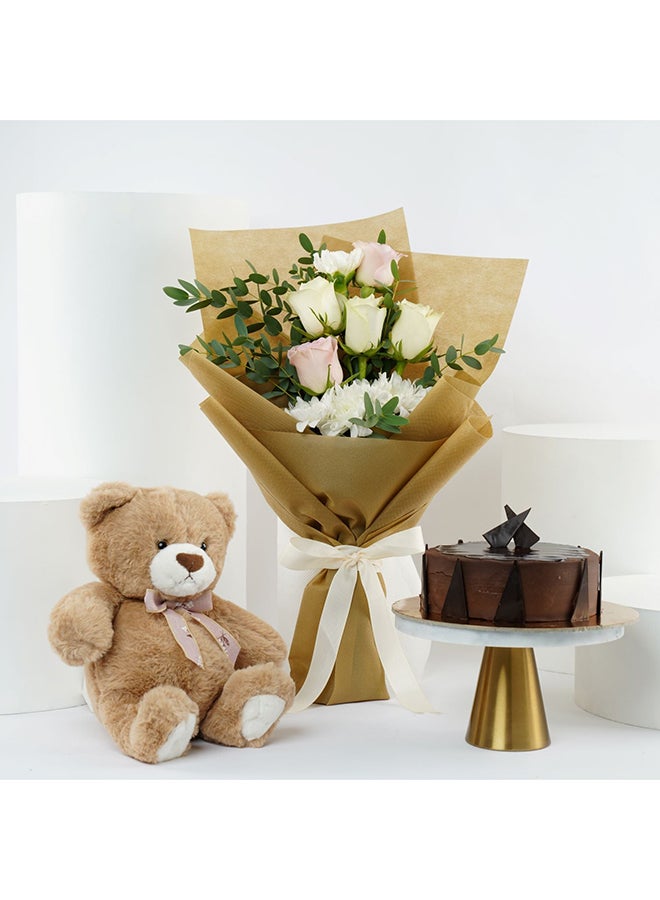 Ferns N Petals Chocolate Ganache Cake & Flowers Hamper - Image 1