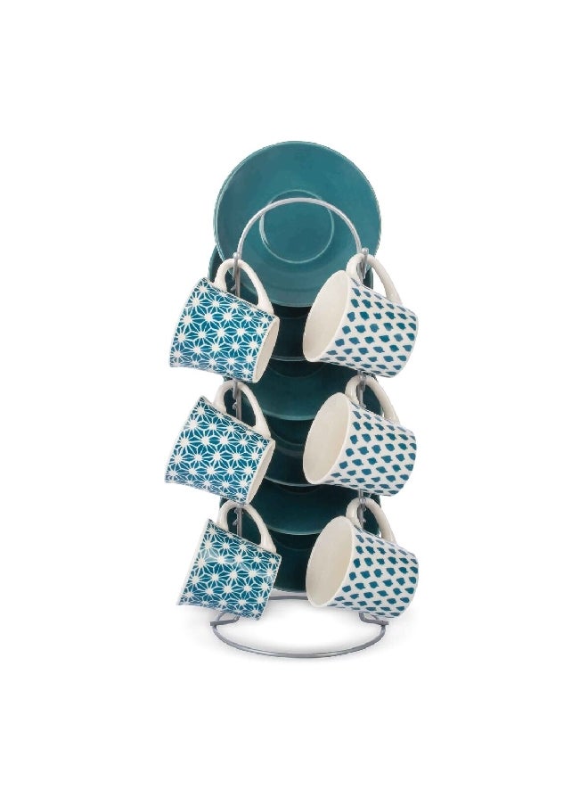 12-Piece Porcelain Coffee Cup and Saucer Set with Stand White and Aqua 90 ml KRJYC059 - pzsku/ZB1236228215F6227F86FZ/45/_/1702152697/74772229-c398-4840-bd11-c1b27eecf976