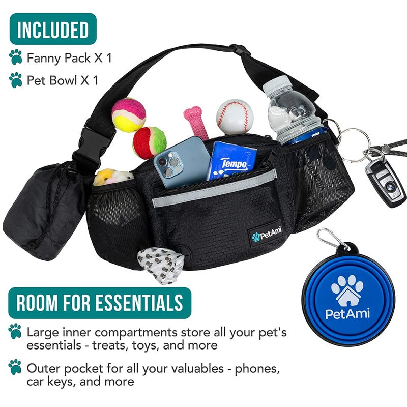 PetAmi Dog Fanny Pack, Treat Pouch for Dog Walking, Training, Built in Poop Bag Dispenser, Water Bottle Holder, Collapsible Bowl, Pet Treat Waist Belt for Hiking, Running, Kibbles (Black) - Image 2