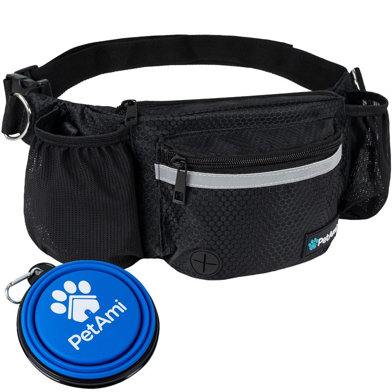 PetAmi Dog Fanny Pack, Treat Pouch for Dog Walking, Training, Built in Poop Bag Dispenser, Water Bottle Holder, Collapsible Bowl, Pet Treat Waist Belt for Hiking, Running, Kibbles (Black) - Image 1