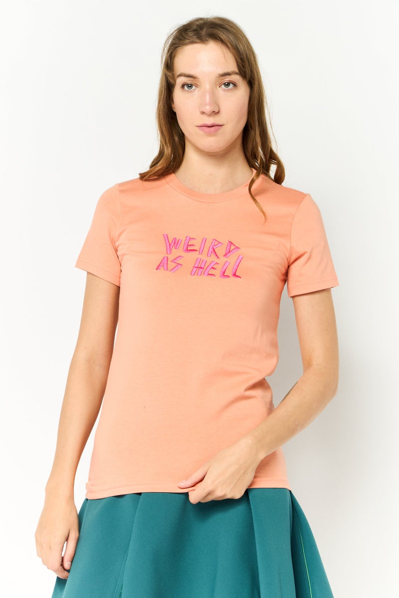 DIESEL Women Crew Neck Short Sleeves Embroidered T-shirt, Peach - Image 1