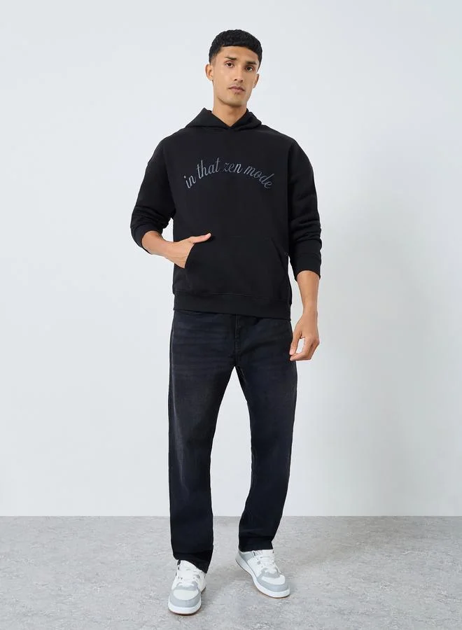 Styli Men Black Oversized Zen Mode Print Hoodie
