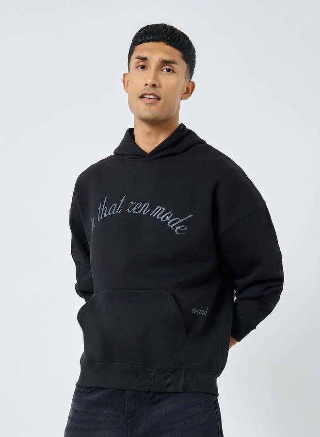 Styli Men Black Oversized Zen Mode Print Hoodie