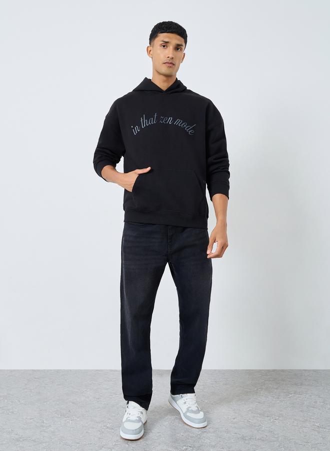 Styli Men Black Oversized Zen Mode Print Fleece Hoodie - Image 2