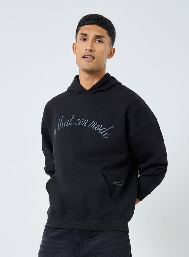 Styli Men Black Oversized Zen Mode Print Fleece Hoodie - Image 1