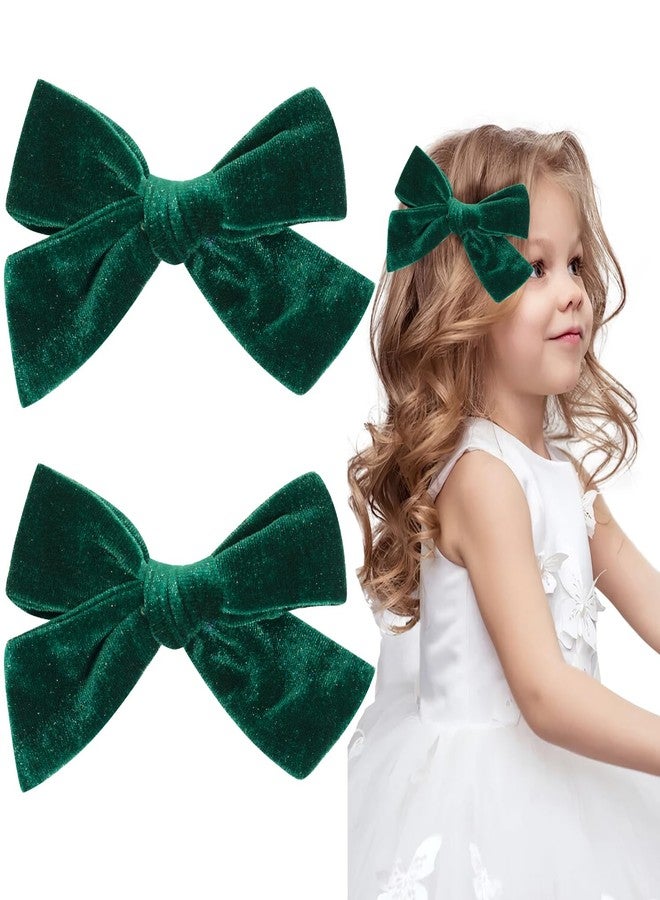 Jeffan 2 PCS Velvet Hair Bows Alligator Clips 4.7inch Hand-made Baby Girl Hair Bows Hair Accessories for Little Teen Toddler Girls Kids (Green) - Image 1