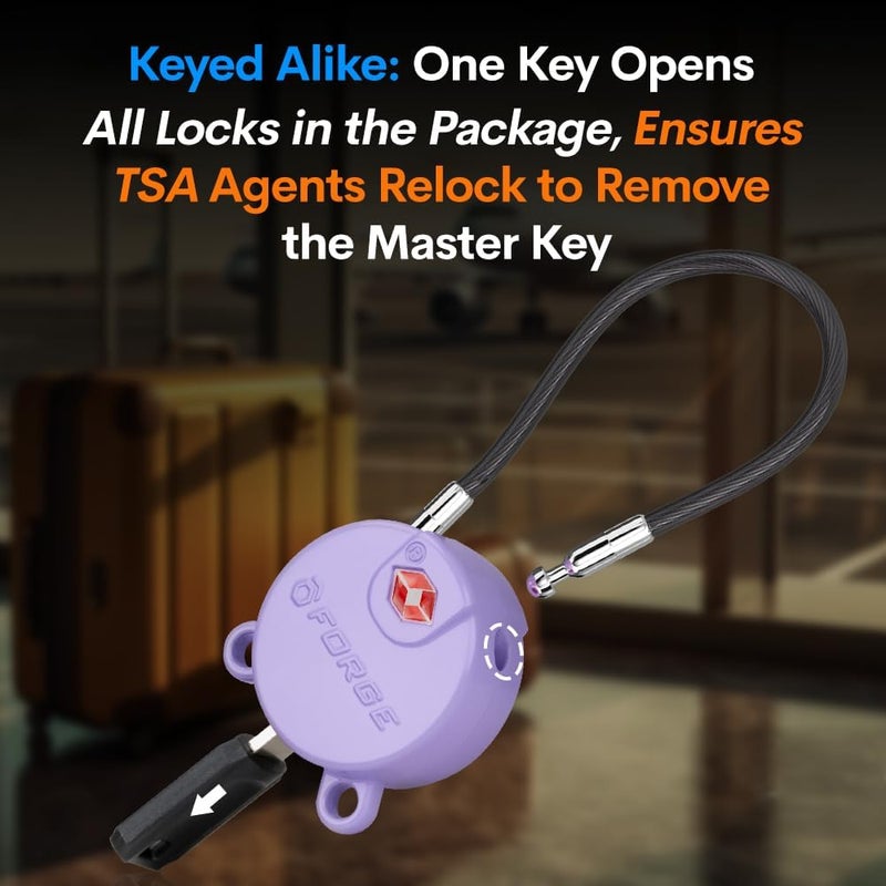 Forge TSA Approved Luggage Locks Ultra-Secure Dimple Key Locks, Cable Lock, for Travel with Zinc Alloy Body- 2 Purple Locks - Image 4
