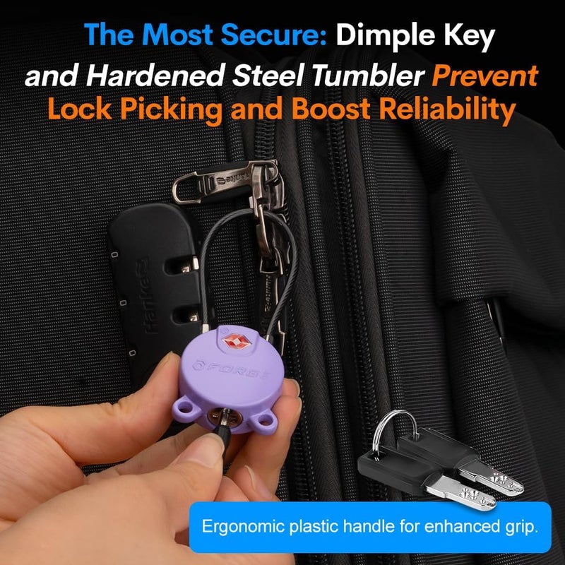 Forge TSA Approved Luggage Locks Ultra-Secure Dimple Key Locks, Cable Lock, for Travel with Zinc Alloy Body- 2 Purple Locks - Image 2