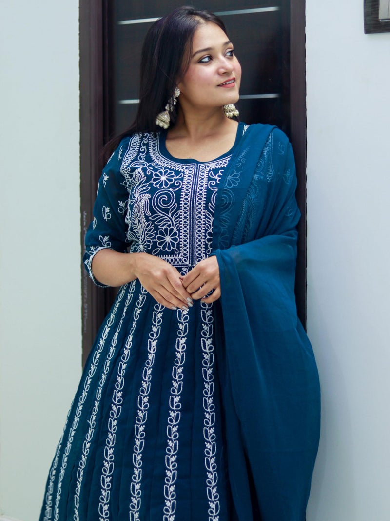 EthnicJunction Women's Georgette Chikankari Anarkali Kurta Pant with Dupatta Set Dark Blue - Image 4