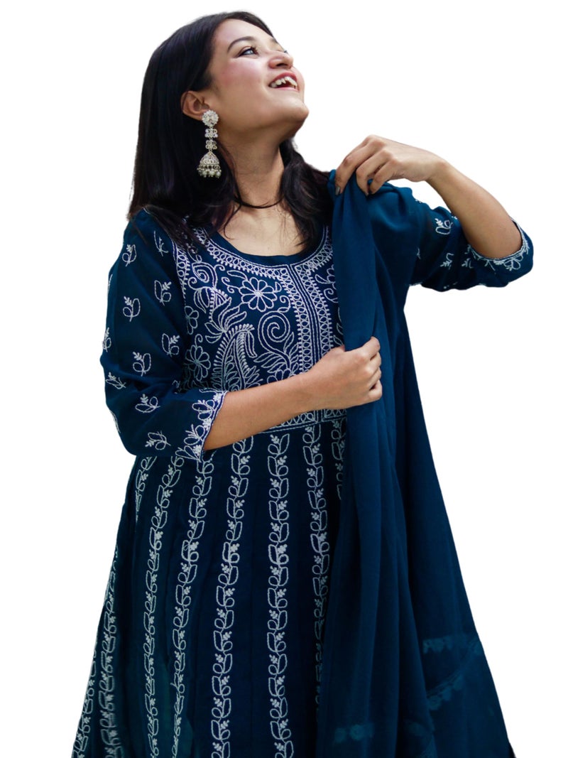 EthnicJunction Women's Georgette Chikankari Anarkali Kurta Pant with Dupatta Set Dark Blue - Image 1