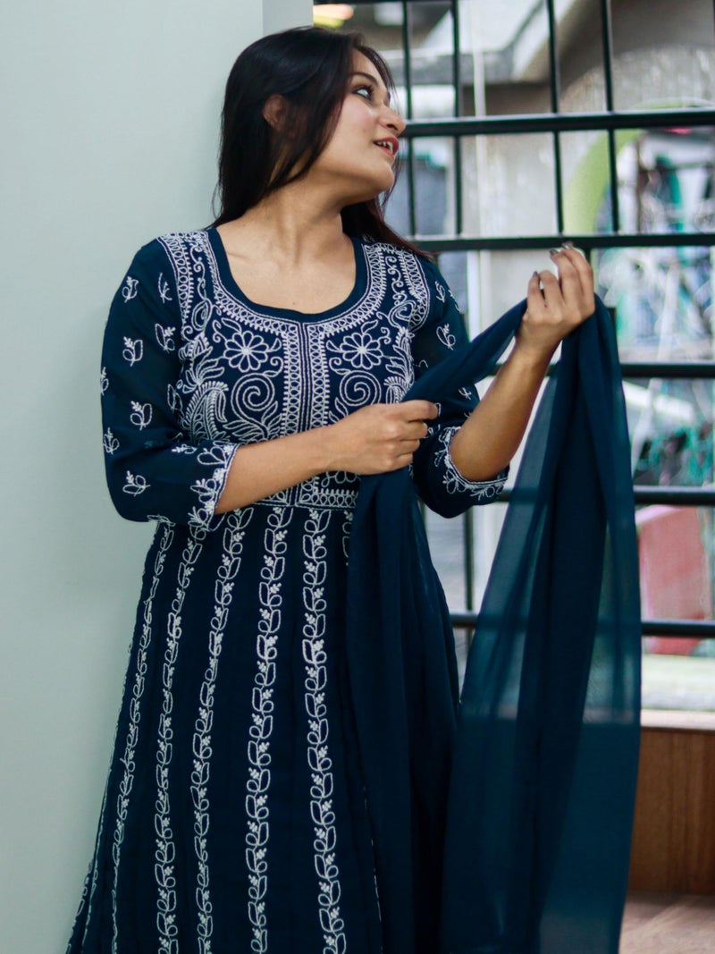 EthnicJunction Women's Georgette Chikankari Anarkali Kurta Pant with Dupatta Set Dark Blue - Image 3