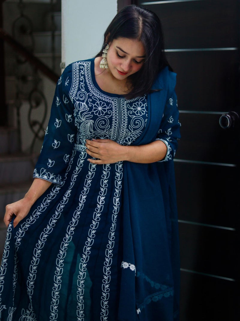 EthnicJunction Women's Georgette Chikankari Anarkali Kurta Pant with Dupatta Set Dark Blue - Image 5