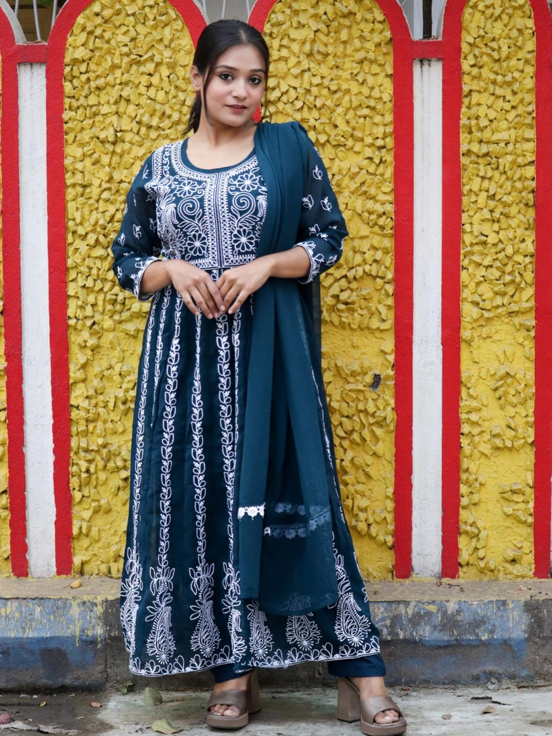 EthnicJunction Women's Georgette Chikankari Anarkali Kurta Pant with Dupatta Set Dark Blue - Image 2