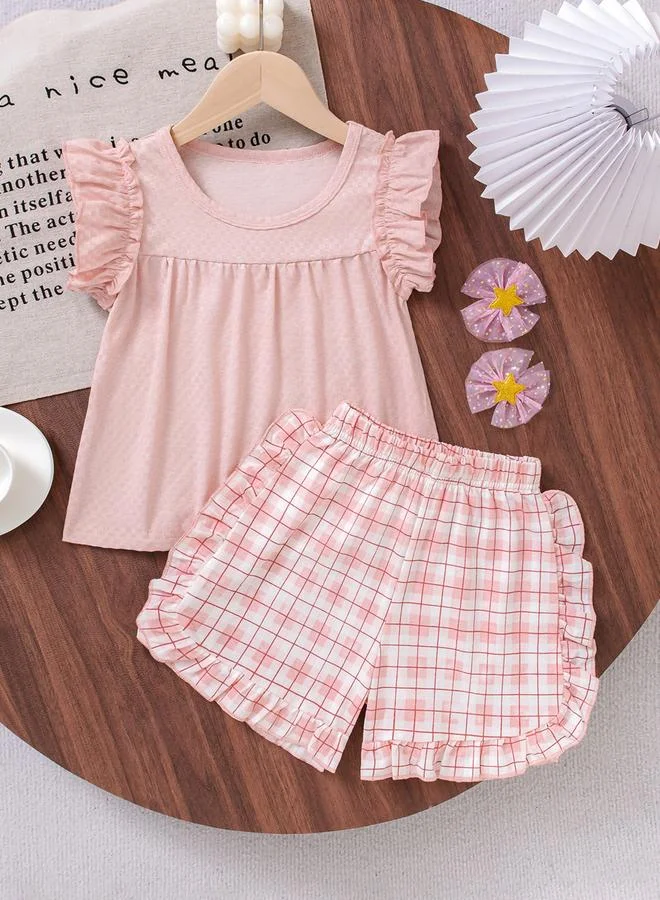 Take Two Girls Pink Ruffled Top with Checked Shorts Pyjama Set