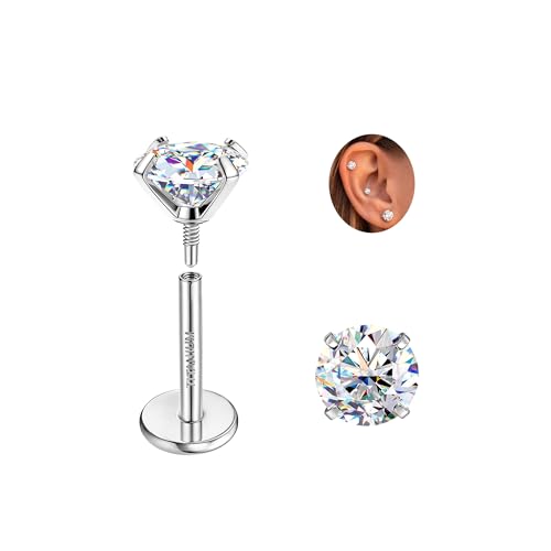 GEMQUEEN Moissanite Earrings Studs Flat Back Hypoallergenic : G23 Titanium Earring for Cartilage Internal Thread 18G Helix Tragus Conch Piercing Jewelry for Women Men D Color VVS1 1CT - Image 1