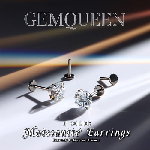 GEMQUEEN Moissanite Earrings Studs Flat Back Hypoallergenic : G23 Titanium Earring for Cartilage Internal Thread 18G Helix Tragus Conch Piercing Jewelry for Women Men D Color VVS1 1CT - Image 2