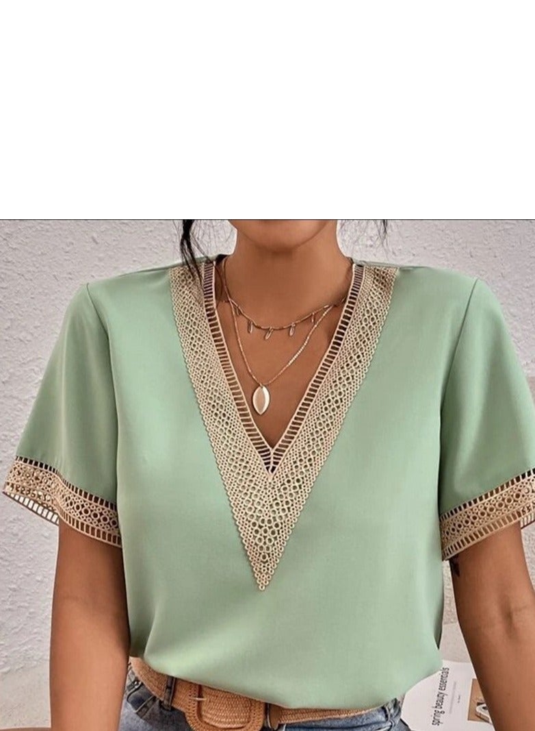 Shougu Short Sleeved V-neck Casual Ssolid Color Shirt For Women  - Image 1