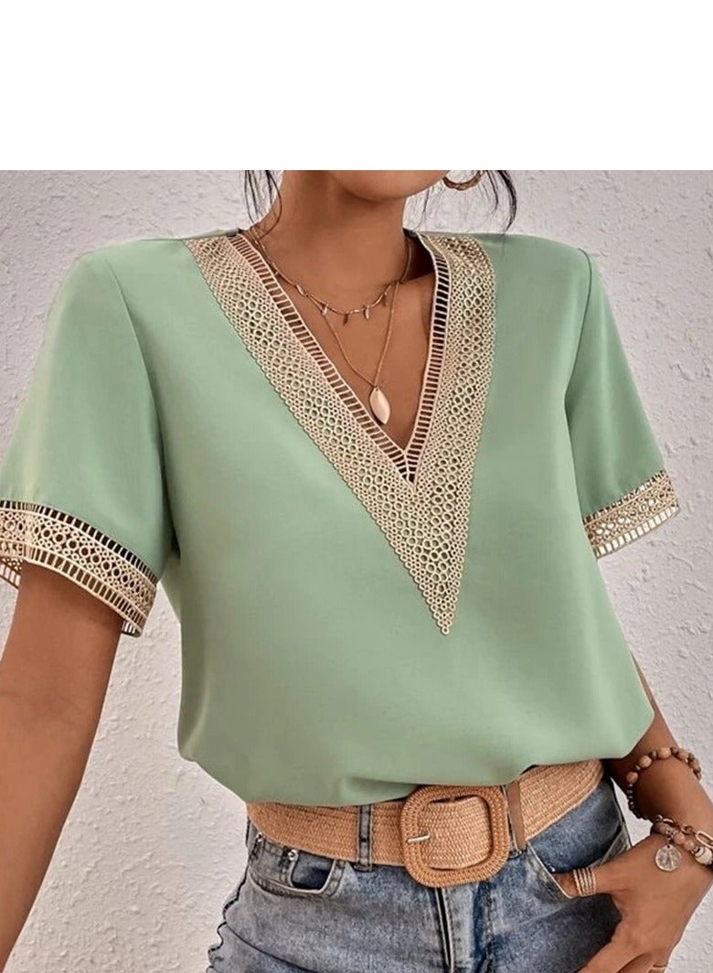 Shougu Short Sleeved V-neck Casual Ssolid Color Shirt For Women  - Image 3