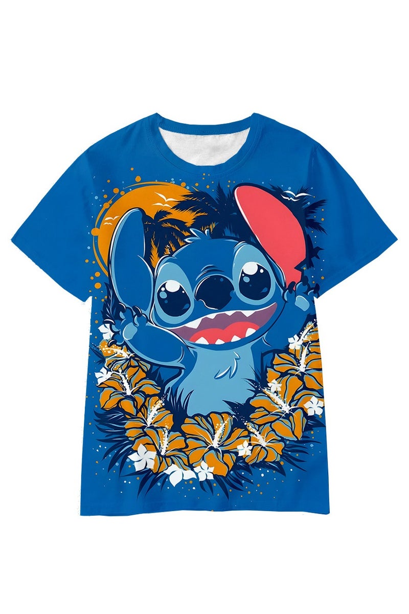 عام قميص صيفي قصير الأكمام مطبوع بتصوير الكرتون الحلو "ستيتش (Stitch)". إنه يصنع من مواد صديقة للجلد ومرنة للنفسحة، مما يلبي احتياجات الملابس الصيفية. - Image 1