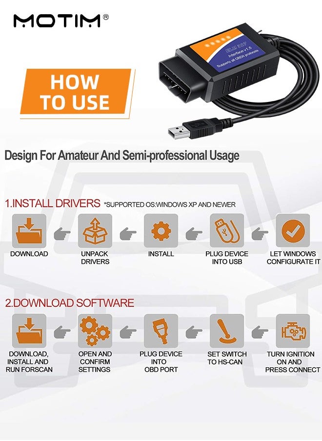 Motim - ELM327 with Switch 25k80, OBD2 USB Adapter Code Reader Vehicle Scanner Diagnostic Programmer Tool with MS-CAN/HS-CAN Switch for Ford Mazda Windows - Image 1