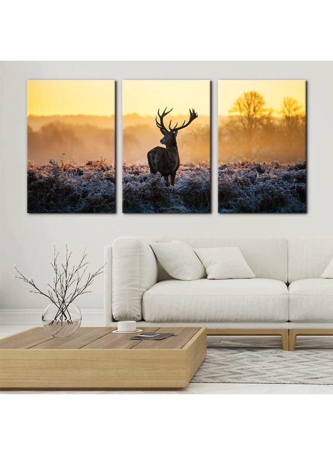 Pacimo Canvas Print Wall Art 3 Pieces Set Deer in Golden Light at Dawn Nature Wilderness Photography Realism Rustic Scenic Relax/Calm Multicolor for Living Room Bedroom Office Decor - 16"x24"x3 Panels - Image 2