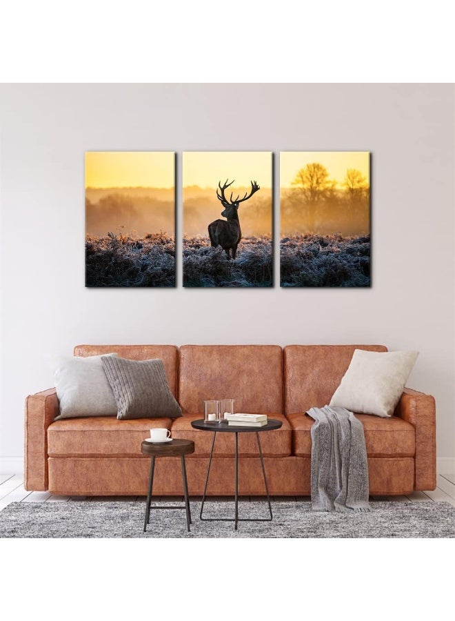 Pacimo Canvas Print Wall Art 3 Pieces Set Deer in Golden Light at Dawn Nature Wilderness Photography Realism Rustic Scenic Relax/Calm Multicolor for Living Room Bedroom Office Decor - 16"x24"x3 Panels - Image 3