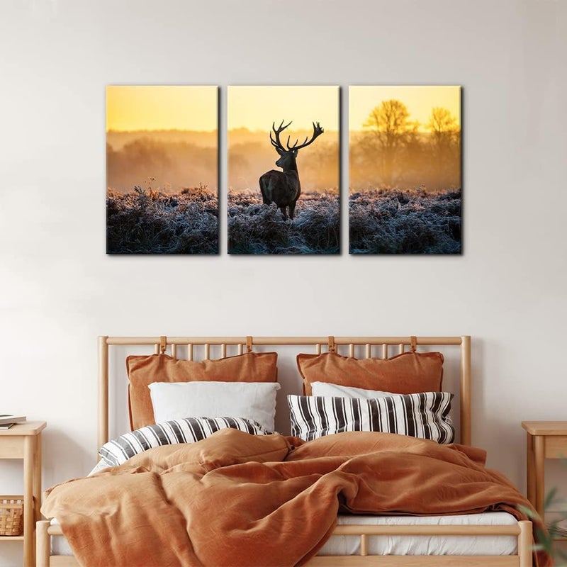Pacimo Canvas Print Wall Art 3 Pieces Set Deer in Golden Light at Dawn Nature Wilderness Photography Realism Rustic Scenic Relax/Calm Multicolor for Living Room Bedroom Office Decor - 16"x24"x3 Panels - Image 4